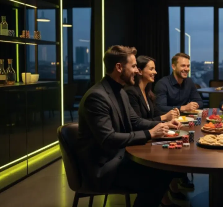 Grupa gości przy stoliku w lounge podczas wieczoru pokerowego