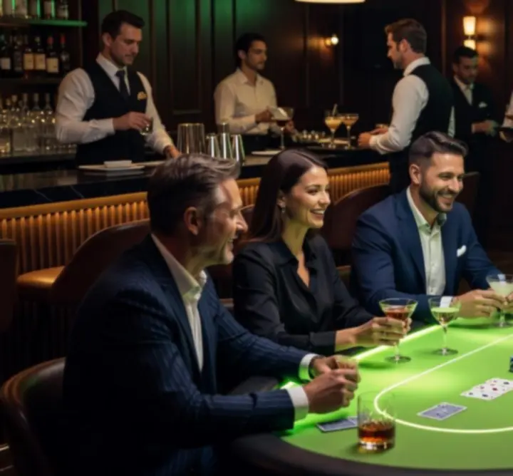 Wieczorna atmosfera pokerowa w restauracji-lounge z zielonym światłem i kartami