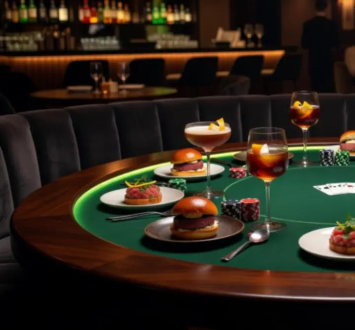 Stół pokerowy z degustacyjnym menu i elegancką zastawą